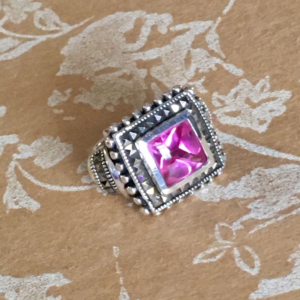 SALE Art Deco Bright Pink Sterling Silver Filigree Ring